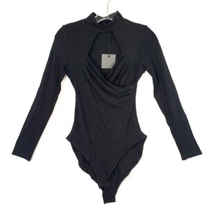 Kimi + Kai Bodysuit Womens Small Black Long Sleeve Cut Out Mock‎ Neck Top Gothic